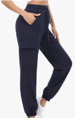 Navy Drawstring Waist Pocket Detail Cuffed Cargo Joggers - Sienna