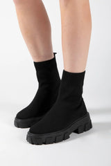 Black Cleated Pull On Knit Chunky Sole Sock Ankle Boots - Melissa