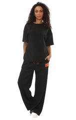 Black Oversized Relaxed Fit with Lengthy Tee and Wide-Leg Trousers-Arielle