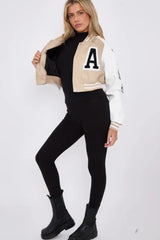 Beige Faux Leather Cropped Contrast Graphic Bomber Jacket - Bellara