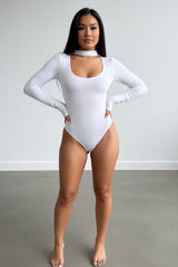 White Long Sleeve Choker Neck Bodysuit- Noira