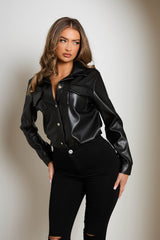 Black PU Long Sleeve Pocket Detail Curved Hem - Audrey