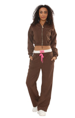 Brown Cropped Zip-Up Hoodie with Wide Leg Joggers Statement Patch Loungewear Set – Zaria