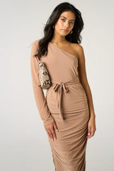 Beige One Shoulder Ruched Slinky Midi Dress - Savannah
