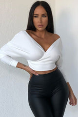White Ribbed Off The Shoulder Crop Top - Kourt