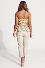 Yellow Floral Sweetheart Neck Strapless Corset Style Top - Peplum