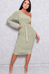 Sage One Shoulder Ruched Slinky Midi Dress - Savannah