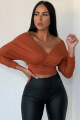Rust Ribbed Off The Shoulder Crop Top - Kourt