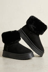 Black Faux Suede Faux Fur Cuff Chunky Platform Ankle Boots - Silo