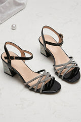 Black Diamanté Strappy Block Heel Sandals - Elara