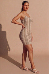 Beige Zig Zag Strappy Bodycon Mini Dress- Teesan