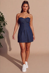 Dark Blue Wash Denim Bandeau Skater Mini Dress - Ryana