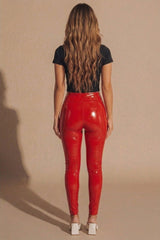 Red High Waisted PU Faux Leather Leggings - Roxi