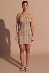 Beige Zig Zag Strappy Bodycon Mini Dress- Teesan