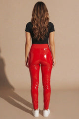 Red High Waisted Ribbed Waistband PU Faux Leather Leggings - Roxi