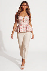 Pink Floral Sweetheart Neck Strapless Corset Style Top- Peplum