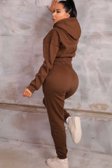 Chocolate Long Sleeve Cropped Fleece Hoodie & Cuffed Joggers Loungewear Set - Layla