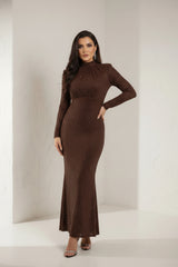 Brown High-Neck Fully Embellished Crystal Mermaid Gown-Myna
