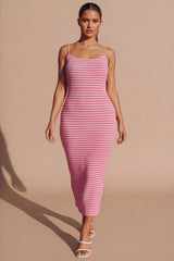 Pink Stripe Midaxi Bodycon Dress- Asiayan
