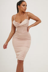 Nude Satin Strappy Drape Front Corset Style Midi Dress - Saga