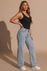 Blue Straight Wide Leg Distressed Cross Patch Denim Jeans - Delissia