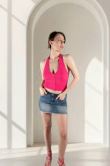 Fuchsia Ribbed Halter Neck Button Front Top - Lila