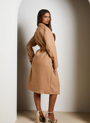 Mocha Double Breasted Black Button Detail Belted Trench Coat - Eliana