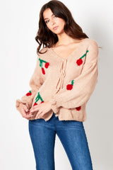 Pink Cherry Print Knit Tie Front Cardigan- Misha