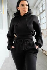 Black Long Sleeve Cropped Fleece Hoodie & Cuffed Joggers Loungewear Set - Layla