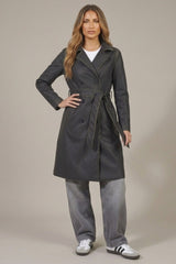 Black Oversized Double Breasted PU Belted Trench Coat - Cherri