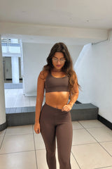 Brown Cross Over Back Top and High Waisted Leggings Activewear Set - Rosita