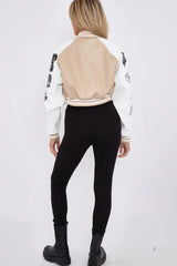 Beige Faux Leather Cropped Contrast Graphic Bomber Jacket - Bellara