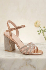 Champagne Diamanté Strappy Block Heel Sandals - Elara