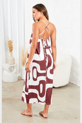 Brown And White Strappy Backless Geometric Print Wide Leg Jumpsuit - Renata