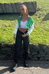 Green Varsity Slogan Contrast Sleeve Bomber - Hallie