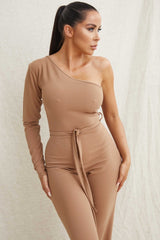 Camel Belted One Shoulder Jumpsuit - Evelyn