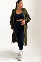 Khaki Knitted Long Sleeve Pocket Detail Ribbed Cardigan - Leanne