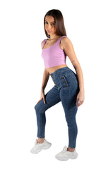 Blue High Waisted Button Detail Skinny Jeans – Mia