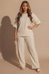 Beige Relaxed Fit Ribbed Top And Trouser Set- Cnyon