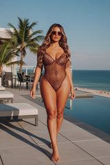 Chocolate Floral & Stripped Lace Cup Detail Strappy Plunge Bodysuit - Chantal