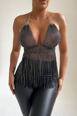 Black Halter Neck Open Back Chain Mail Tassel Top - Dani