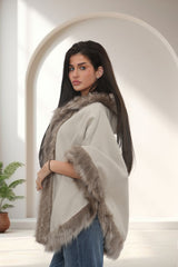 Beige Faux Fur Trim Hooded Cape – Leah