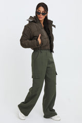Khaki Cropped Padded Long Sleeve Zip Front Shower Proof Jacket - Harper
