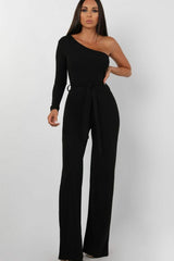 Black Belted One Shoulder Jumpsuit - Evelyn