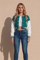 Emerald Varsity Slogan Contrast Sleeve Bomber - Hallie