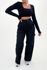 Black Button Up Double Pocket Cargo Trousers - Laya