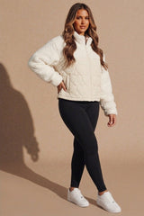 Cream Teddy Borg Quilted Heart Detail Zip Up Jacket - Filon