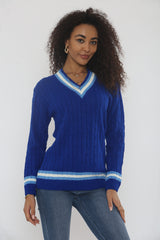 Blue Cable Knit V Neck Jumper with Stripe Trim - Somia