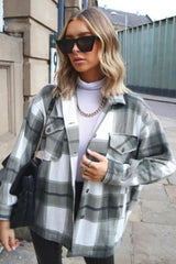 Khaki & White Oversized Check Print Pocket Shacket – Jimon