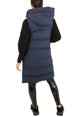 Navy Sleeveless Longline Midi Zip Up Hooded Puffer Gilet - Terri